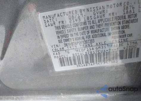 2019 Nissan Sentra S/Sv/Sr/Sl z USA, uszkodzony, nr VIN 3N1AB7AP9KY397383